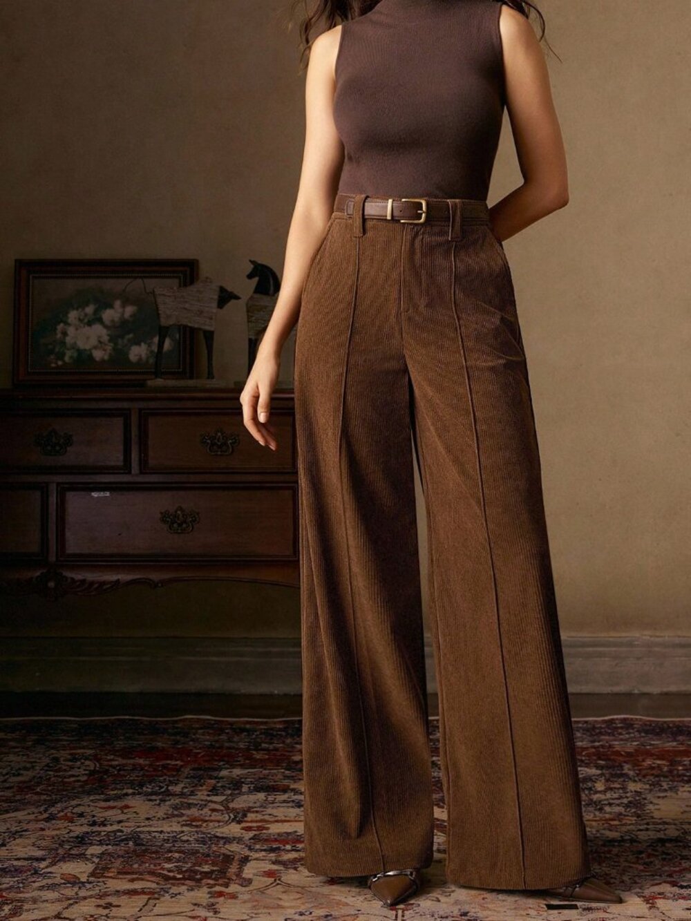 Brown Casual Women's Corduroy Trousers with Design Belt - Picture 5 of 7